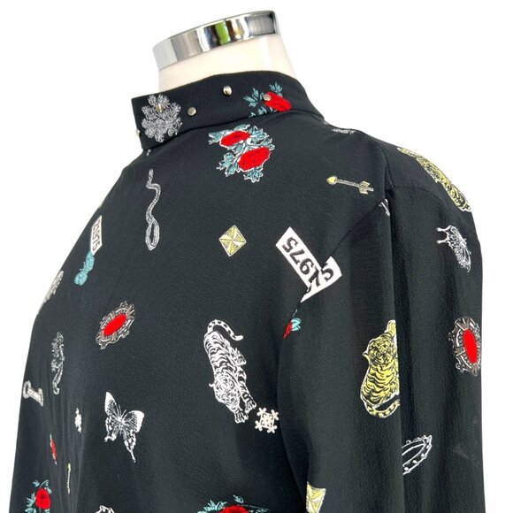 Zara High Neck Z1975 Floral Nature Animal Print Blouse Black Size Medium - Picture 4 of 11